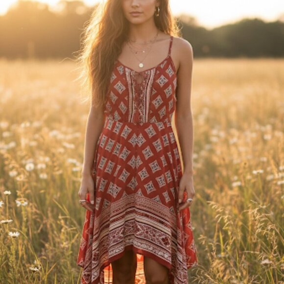 Band of Gypsies Handkerchief Scarf Print Asymmetrical Midi Red Boho Dress - Picture 1 of 8